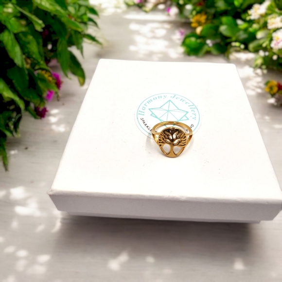 Tree of Life Gold Stainless Steel Ring, size 6 - Picture 2 of 5